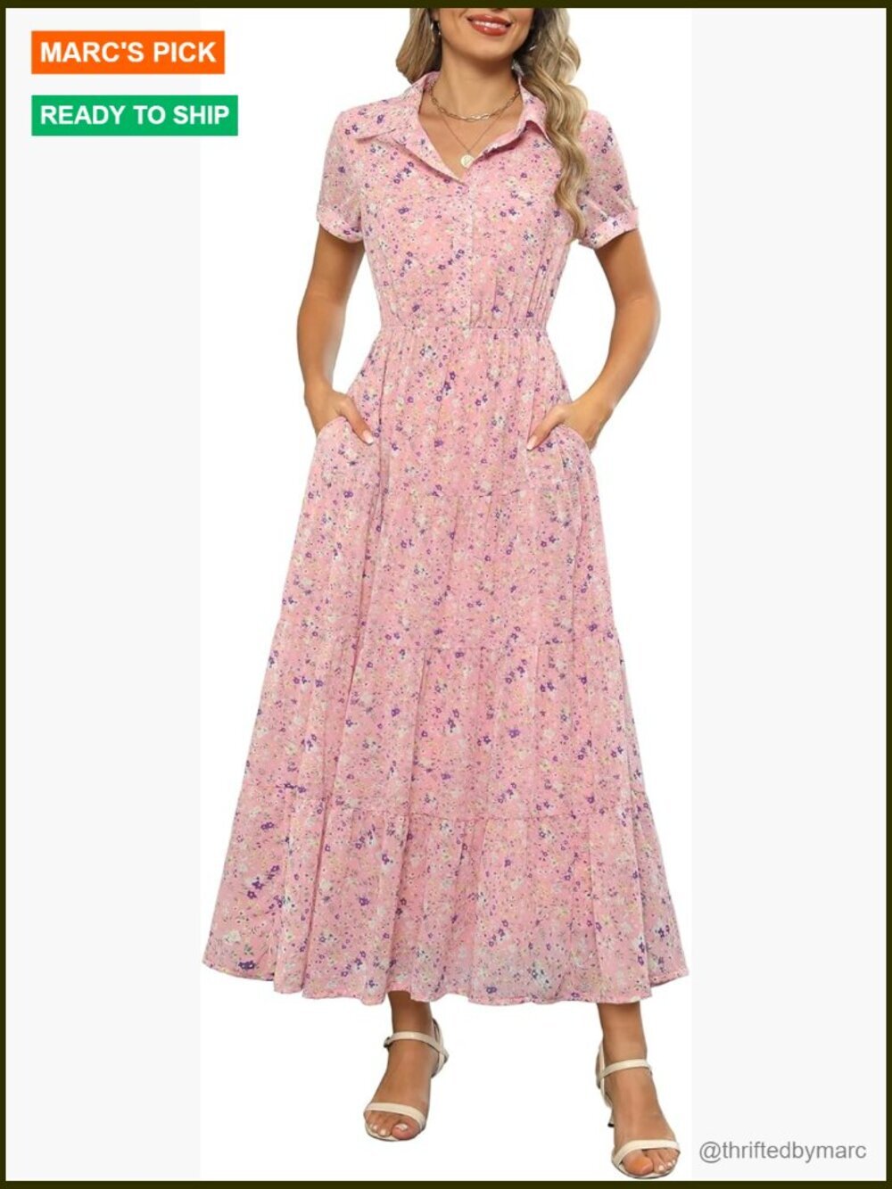 Collared V-Neck Short Sleeve Chiffon Tiered Floral Maxi Dress with Pockets